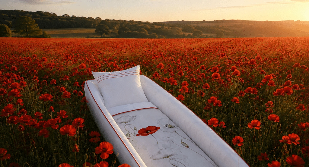 Capiton funéraire Les Coquelicots ANOBLIS dans un champ de coquelicots ensoleillé