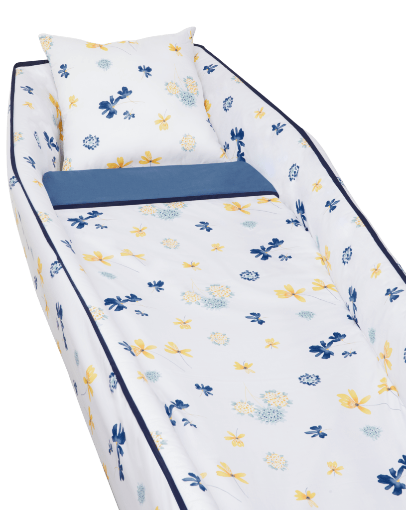 Capiton funéraire Les Fleurs des Champs ANOBLIS avec des fleurs bleues, vertes et jaunes dessus