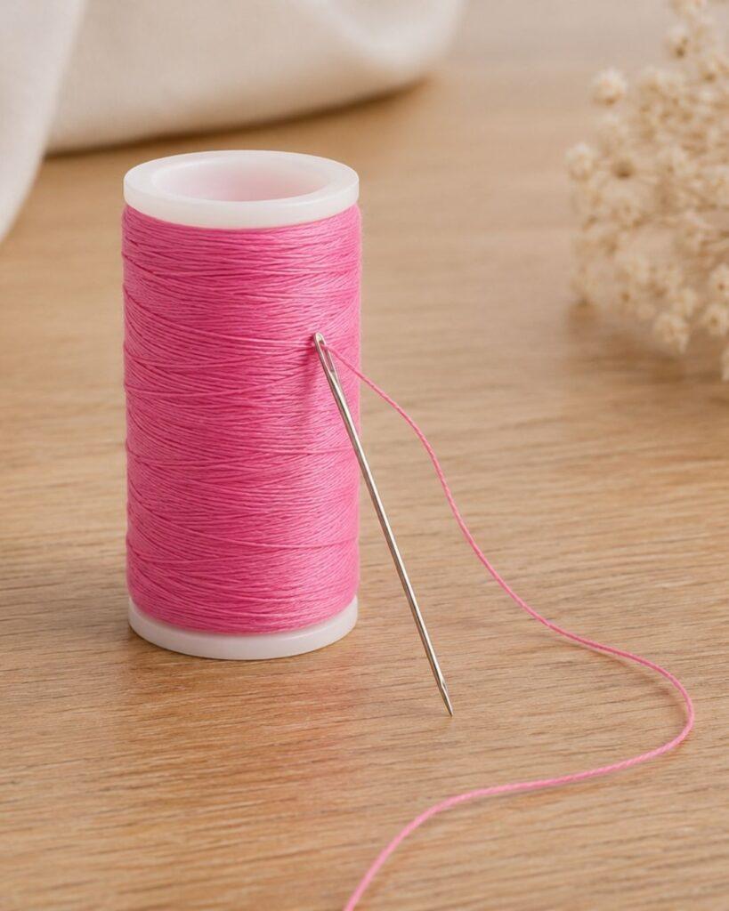 Fil de couture rose avec aiguille posé sur une table